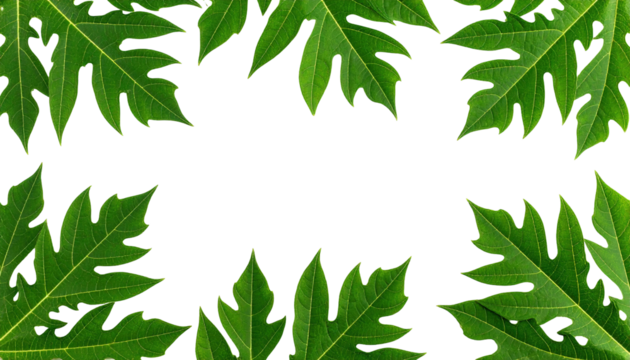 Close-up of bright green, large leaves creating a frame with a blank black space in the center. The leaves' edges are jagged and detailed