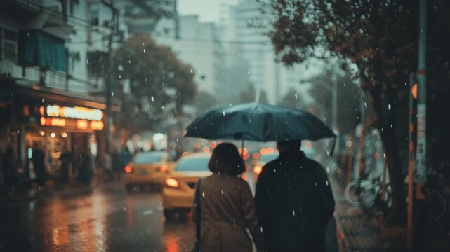 Couple Walking Under Umbrella in Light isy Rain