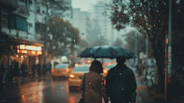 Couple Walking Under Umbrella in Light isy Rain