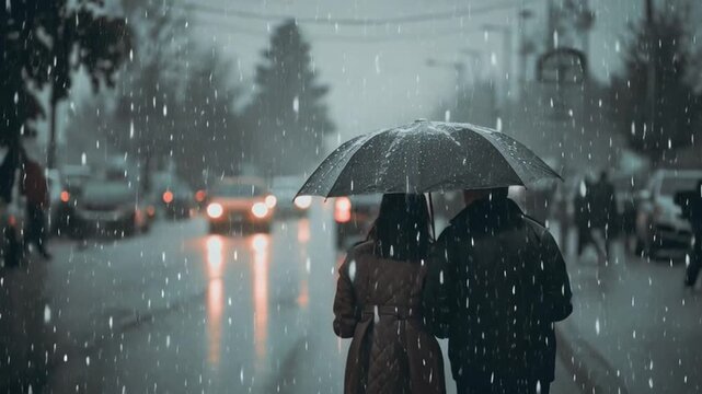 Couple Walking Under Umbrella in Light isy Rain