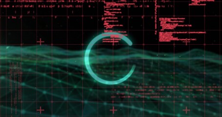 Turquoise symbol loading on data dashboard, with grid overlay, red code, green mesh, red crosshairs