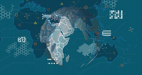 Obraz premium Displaying stylized world map on digital dashboard, with hexagon clusters and target markers