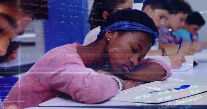 Resting African American girl in pink top leaning on white desk in classroom, with blue pens