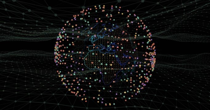 Rotating digital network globe glowing against dark void, with colorful nodes and connecting lines