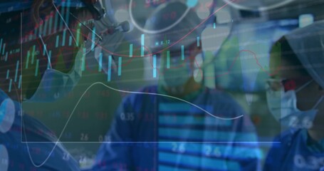 Standing surgeons wearing scrubs and masks in OR under overhead light, showing financial overlay