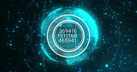 Obraz premium Displaying holographic globe showing numerical readout in 3D space, with HUD elements and particles