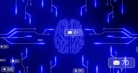 Displaying fingerprint circuit emitting neon-blue paths on digital network, with notification icons