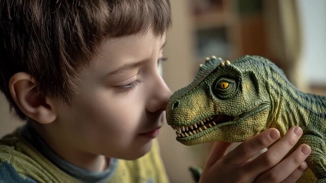 Boy Showing Toy Dinosaur to Friend