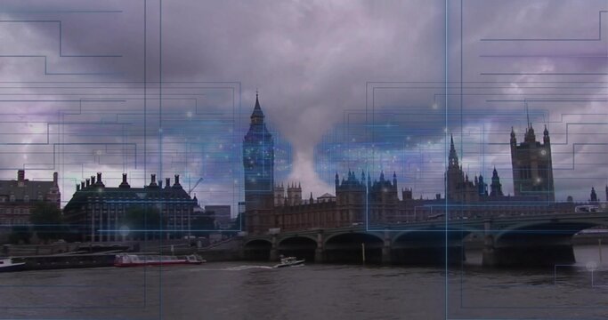 Showing Palace of Westminster and Westminster Bridge spanning Thames in London, with data overlay