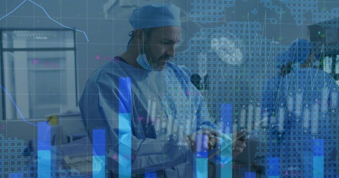 Surgeon wearing scrubs and cap reviewing tablet in operating theatre with financial charts overlay