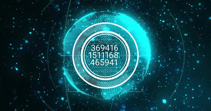 Displaying holographic globe showing numerical readout in 3D space, with HUD elements and particles