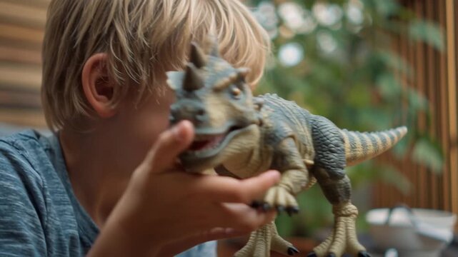 Boy Showing Toy Dinosaur to Friend