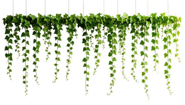 Lush, cascading strands of vibrant green, heart-shaped foliage hang from unseen supports. A dense curtain of natural beauty against a stark black backdrop
