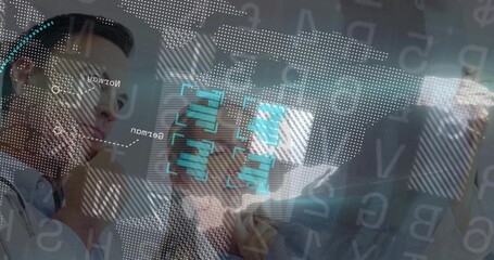 Healthcare duo examining world map on display in lab, with shirt and stethoscope, copy space