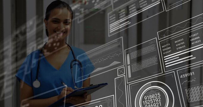 Smiling nurse in scrubs writing on clipboard in hospital corridor with data charts and stethoscope - Powered by Adobe