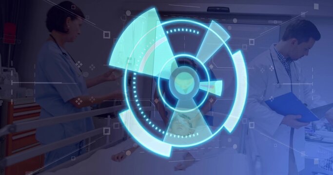 Scrub-clad nurse adjusting bed rails and doctor reviewing clipboard with patient resting in ward