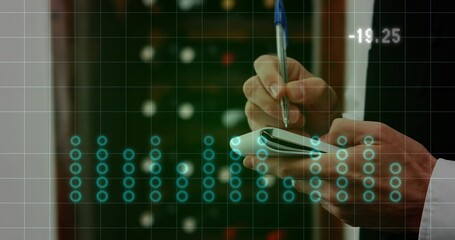 Monitoring technician inputting data with stylus at data center racks, with tablet and overlay