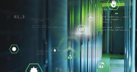 Illuminating server cabinets emitting green glow in data center corridor, with hex icons and code © vectorfusionart