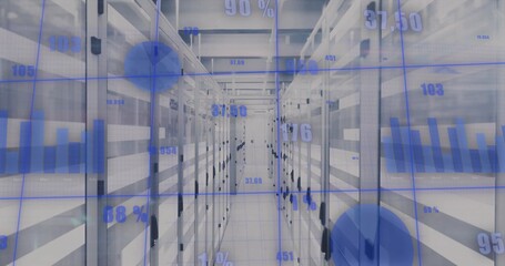Streaming blue data visualizations hovering above server racks inside data center with floor tiles