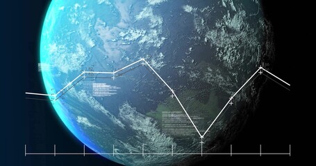 Obraz premium Displaying planet Earth rotating in outer space, with graph axis, nodes and tick marks, copy space