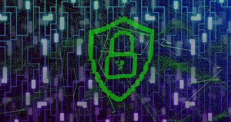 Pulsing green shield padlock icon protecting virtual data grid, with network lines and data nodes