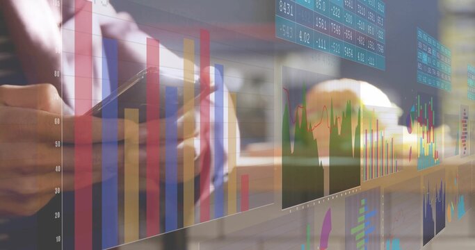 Hands in shirt sleeves tapping smartphone at wooden office desk, with coffee mug, data visuals - Powered by Adobe