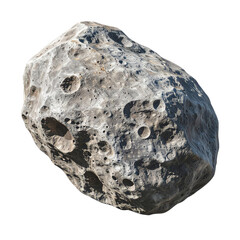 A large, irregularly shaped celestial body, likely an asteroid, with a rough, pockmarked surface, showcasing impact craters and subtle color variations. Rendered against a transparent background
