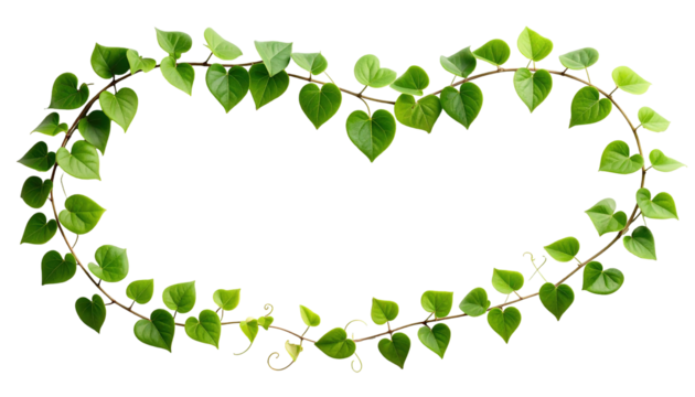 A delicate heart-shaped vine frame with small, vibrant green leaves and brown stems. The leaves gently curve, creating a natural, organic border against a black background