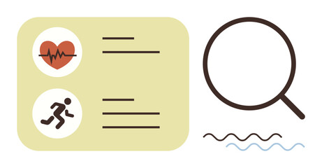 Heart and running icons on a yellow health metrics card paired with a magnifying glass. Ideal for fitness tracking, health data analysis, wellness monitoring, healthcare apps, research, health