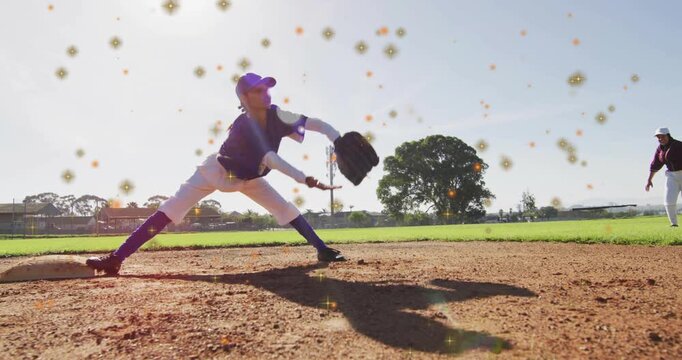 First baseman catching incoming throw with sparkles and tagging runner out for sports training