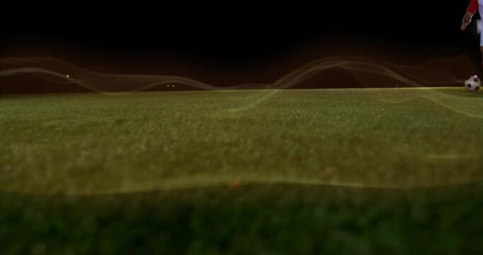 Soccer player dribbling after ball appearing with waveform overlay dodging tackle preparing shot