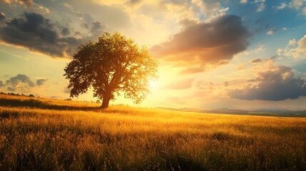 Obraz premium A lone tree stands silhouetted against a vibrant sunset over a field of golden grass.