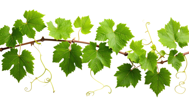 A vibrant vine with lush green leaves and delicate tendrils, seemingly floating against a stark black backdrop, showcasing intricate natural details