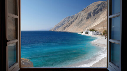 Window opens onto secluded beach with turquoise waters and dramatic cliff formations.