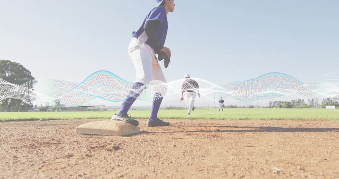 Baseball first base fielder reacting to throw and tagging runner for out with wave overlay