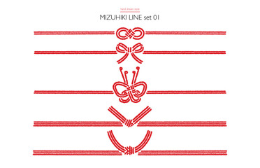 水引の手描き風線画のベクターイラスト　水引のバリエーションデザインセット（蝶結び、結び切り）