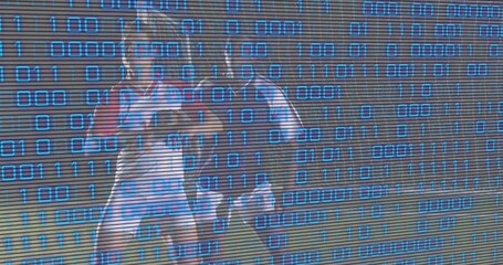 Soccer players walking sideline initiating handshake, under binary code overlay for sportsmanship - Powered by Adobe