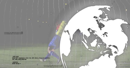 Forward running for goal, shooting toward goal, goalkeeper diving under tech code and globe overlay - Powered by Adobe