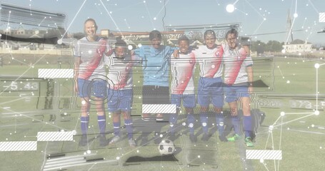 Opening shot generating tech overlay pulsing over six soccer players linking arms goal portrait - Powered by Adobe