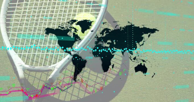 World map fading over tennis racket and ball, showcasing streaming global analytics with cyan dots