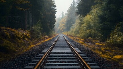 Fototapeta premium A long, straight railway track disappears into a foggy forest, lined by trees with autumnal foliage.