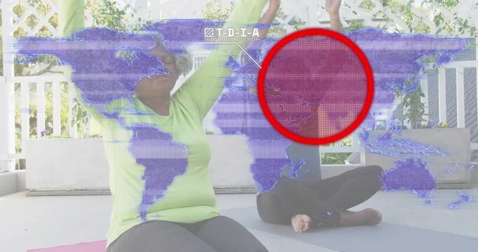 Senior couple twisting prayer as map overlay fading in animating flight path for health technology