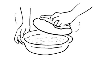 ごはんの入った土鍋のふた
をあける手のイラスト