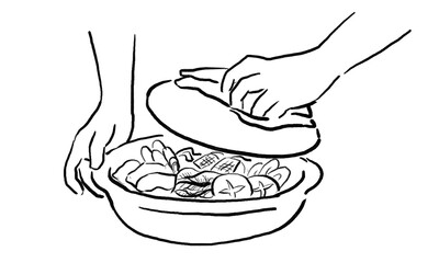 鍋物のふたをあける手のイラスト