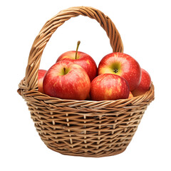 A rustic wicker basket overflowing with fresh, ripe red apples against a clean white background.