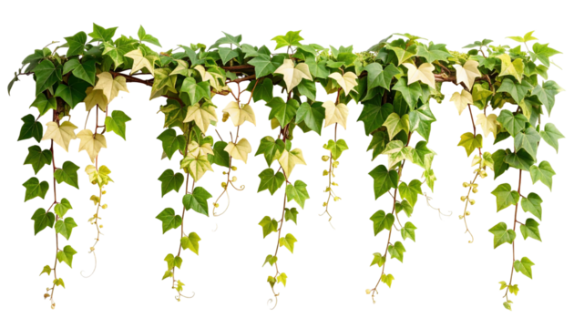 A detailed image of lush green and yellow ivy vines cascading downwards from a support, with a dark background. The leaves vary in shade creating a beautiful contrast