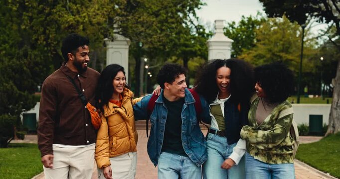 Laughing, university student or friends with walking hug outdoor for study break, bonding or diversity. College, gen z group or people with embrace on campus for education support, funny joke or care
