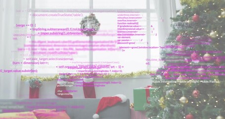 Magenta code lines starting scrolling glitching shifting pulsing for coding overlay on Xmas room - Powered by Adobe