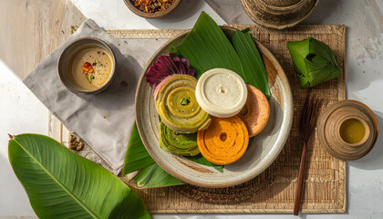 Vibrant Layered Kue Lapis on Banana Leaf with Rustic Mat for Pinterest and Culinary Blogs  