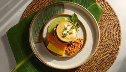 Traditional Asian Sweets on Banana Leaf with Ceramic Plate for Cultural Food Photography  